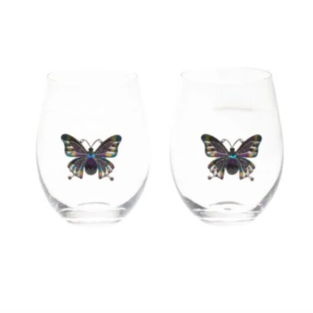 RACHEL ZOE 2 pc Jewel stemless wine glasses W gem and rhinestone butterfly